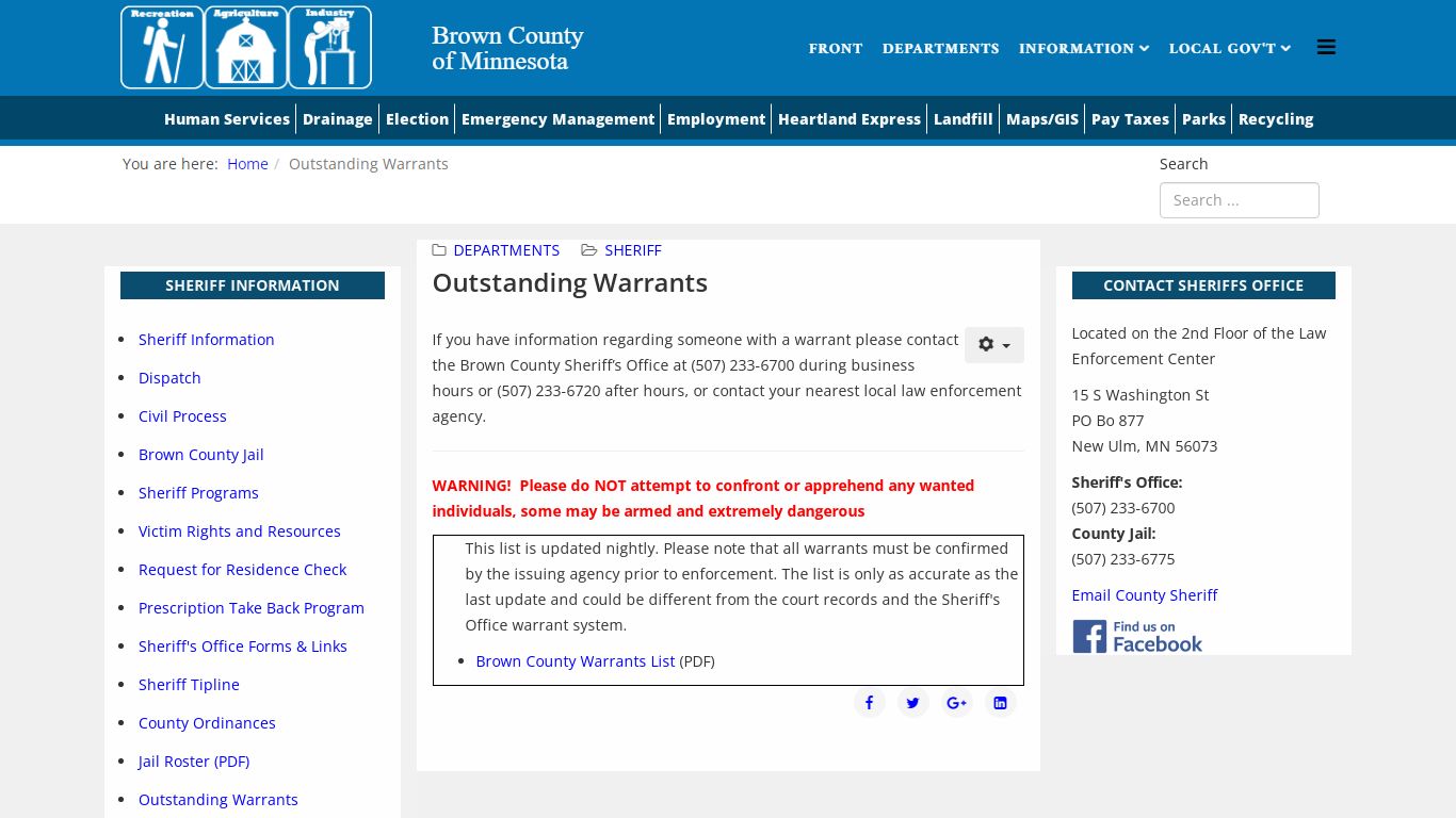 Outstanding Warrants - Brown County, Minnesota